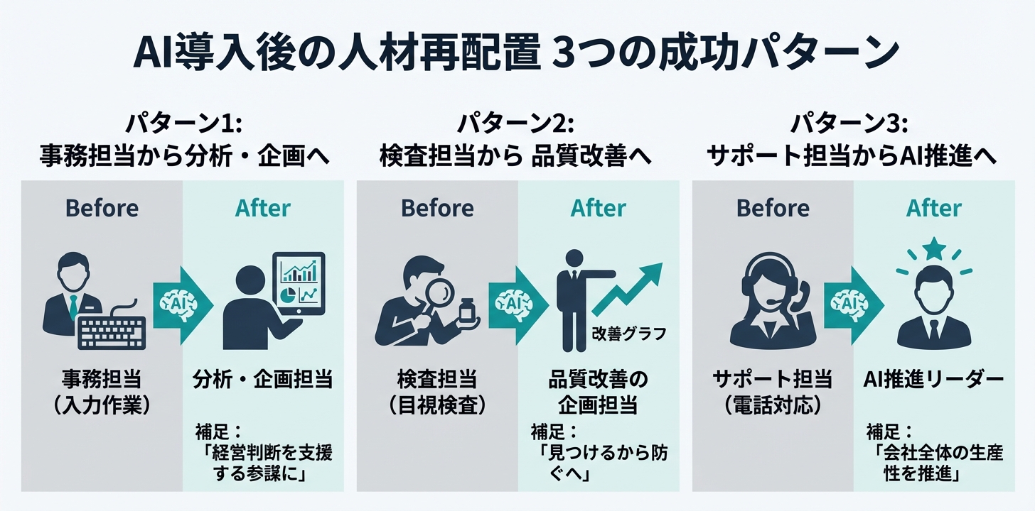 AI導入後の人材活用3つの成功パターン。事務→分析、検査→品質改善、サポート→AI推進リーダー