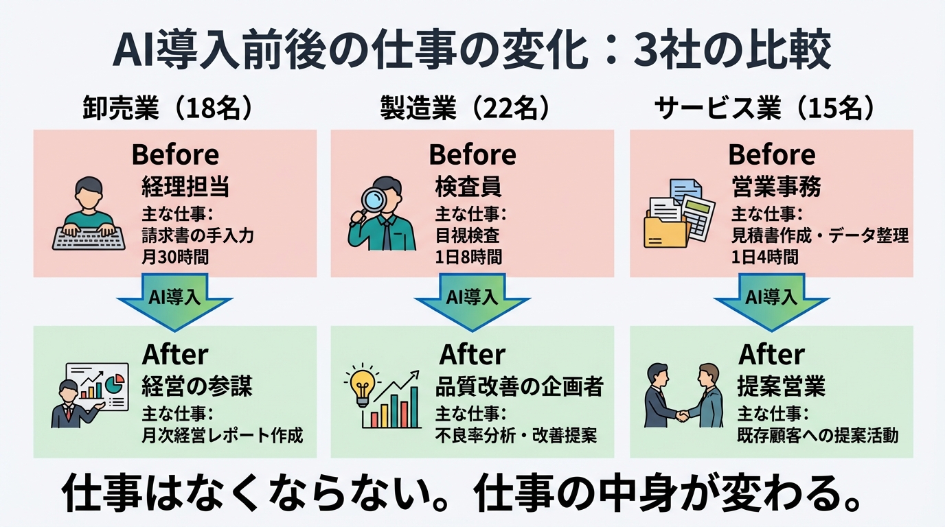 AI導入前後の仕事の変化を3社で比較した図。経理は参謀へ、検査員は企画者へ、営業事務は提案営業へ転身