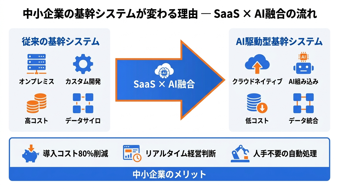 中小企業の基幹システムがSaaS×AI融合によって変化する流れと、導入コスト削減・リアルタイム経営判断・自動処理の3つのメリットを示した図