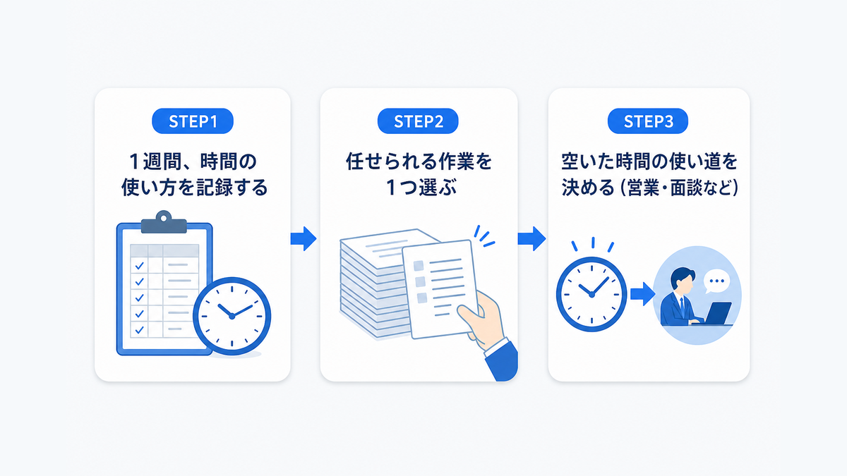 AI活用を始める3ステップ図解。STEP1時間記録、STEP2作業を1つ選ぶ、STEP3空いた時間の使い道を決める